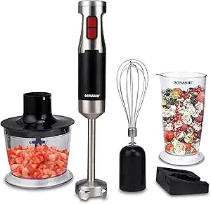 SONASHI SHB-179JBCW 4-in-1 Hand Blender Chopper Whisker Mixer [Black] Stainless Steel Shaft, 600W, 700ml Jar, Speed Control, Blending Wand | Home Kitchen Appliances