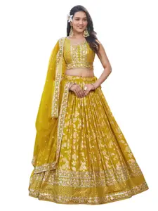 Visit the Zeel Clothing Store Zeel Clothing Women Dola Silk Semi stitched Sequins Zari Embroidered Jacquard Lehenga Choli With Dupatta (7100-Latest, Free size)