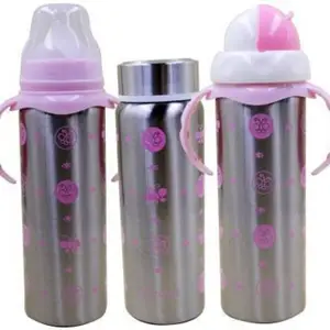 MOM'S PRIDE Multifunctional Baby Steel Feeding Bottle Cum Sipper Cum Straw (3 in 1) - 240 ml(Pink, Steel)
