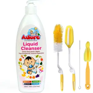 Adore Baby Bottle, Nipple & Vegetable Liquid Cleanser 500ml + 5 in 1 Bottle Cleaning Brush set - Sponge, Nylon.(Multicolor)