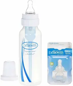 Dr. Brown's PP Standard baby Bottle, 1-Pack + Level 2 Silicone Narrow Nipple, 2-Pack - 236.5 ml(White)