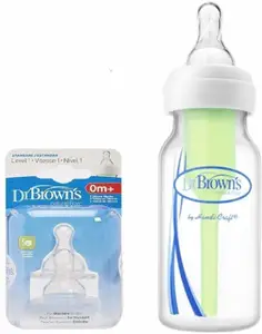 Dr. Brown's PP Options+ Narrow Bottle, 1-Pack with Preemie Nipple + Level 1 Silicone Narrow Neck Nipple - 2Pack - 59.1 ml(White)