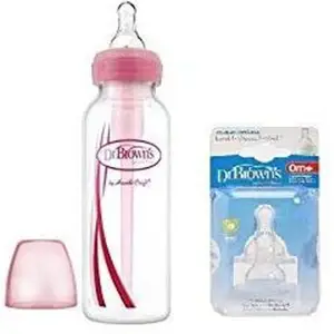 Dr. Brown's PP Options+ NarrowBottle, 1-Pack + Level 1 Silicone Narrow Neck Nipple - 2Pack - 236.5 ml(Pink, White)