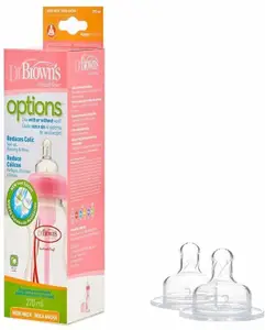 Dr. Brown's Wide Neck 1 Pack withLevel 1 Nipple:Includes one Wide Neck Options+ Bottle with Level 1 nipple+ Level 2 Wide-Neck Silicone Options+ Nipple, 2-Pack - 266.1 ml(Pink, White)
