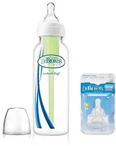 Dr. Brown's Natural Flow Standard Neck Bottle With Level 2 Nipples - 236.5 ml(Green, Clear)